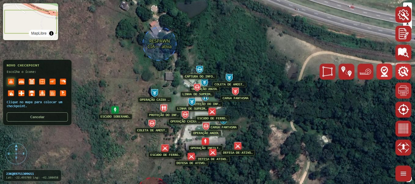 Mapa tático com Ferramentas abertas, painel Novo checkpoint, grade de ícones e orientação para clicar no mapa.